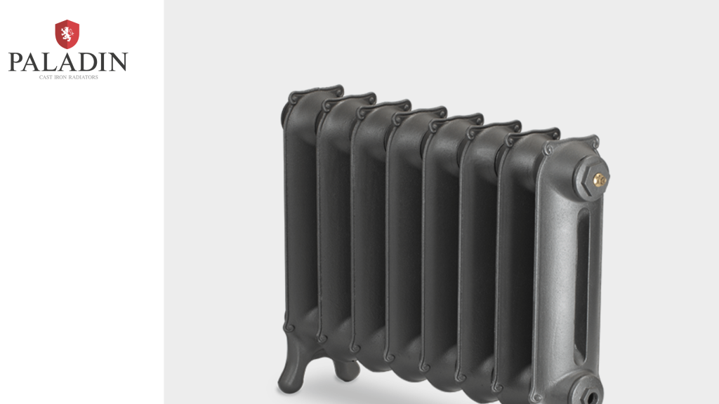 A black cast iron radiator with six columns is shown against a light background. The Paladin Cast Iron Radiators logo appears in the top left corner.